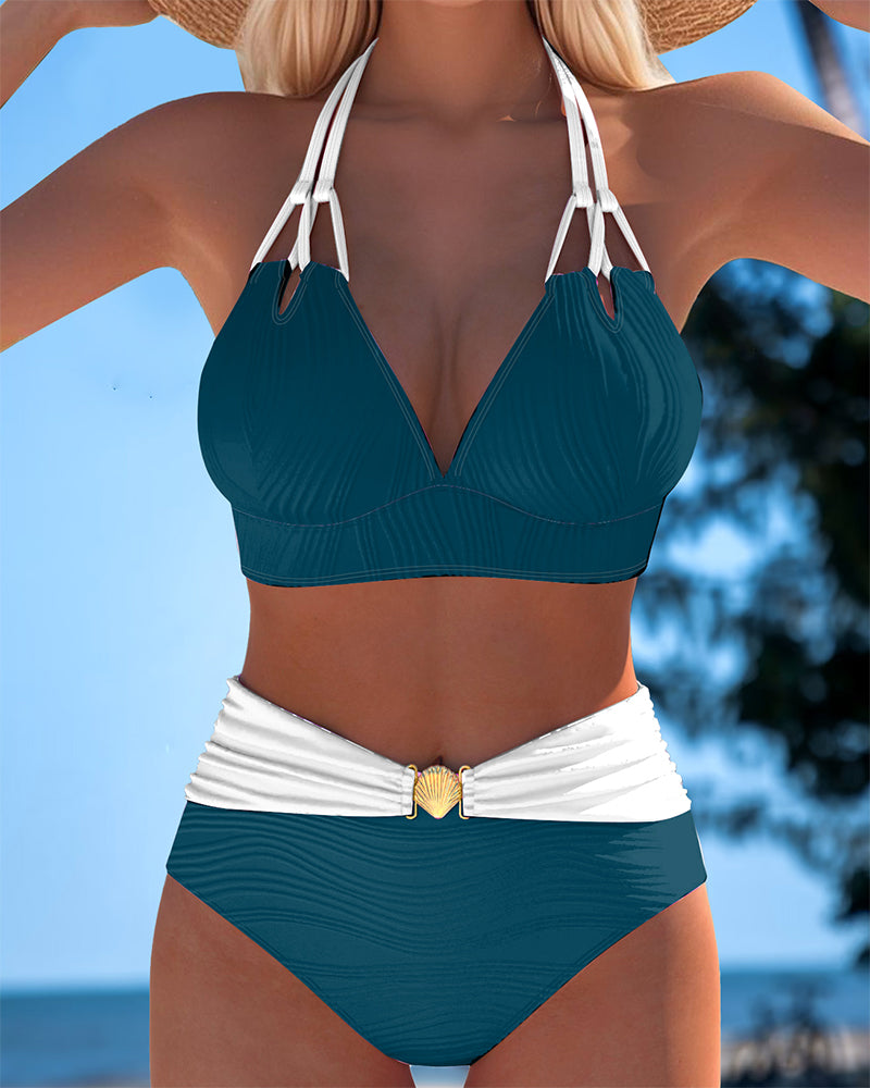 HIGH WAISTED DOUBLE STRAP SWIMSUIT WITH CONTRAST COLOR