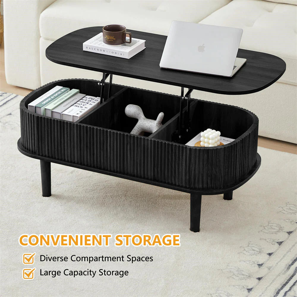 Modern Oval Fluted Wooden Lift Top Coffee Table with Hidden Compartment