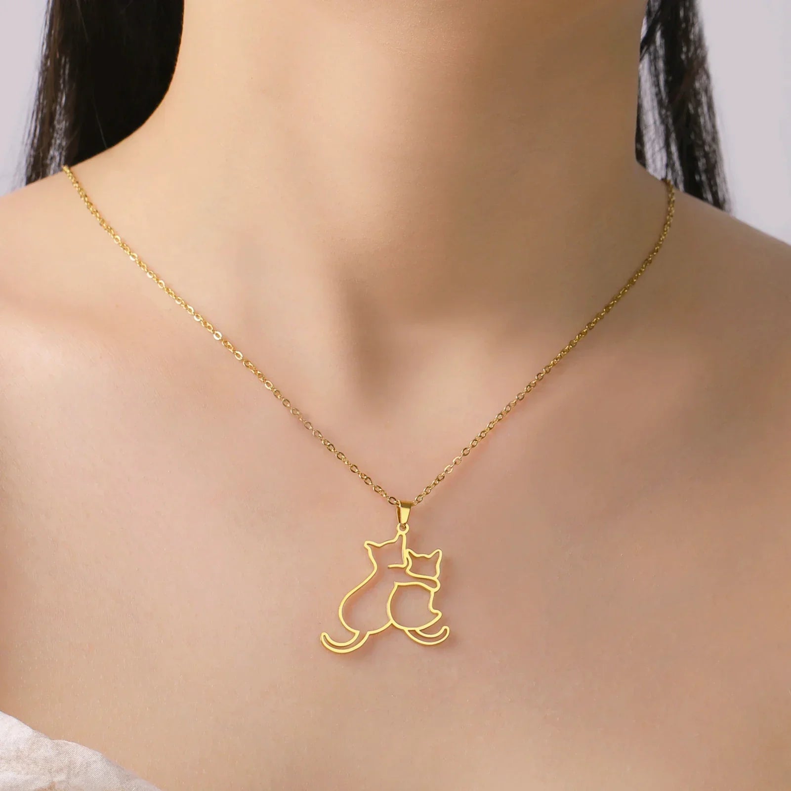 Cute Hugging Cats Kitten Pendant Necklace – Stainless Steel Animal Pet Jewelry for Women