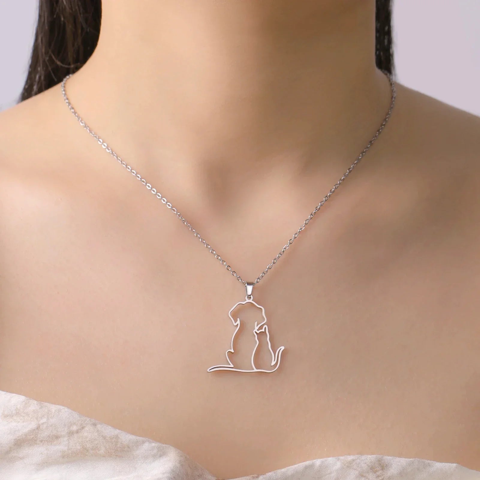 Cute Hugging Cats Kitten Pendant Necklace – Stainless Steel Animal Pet Jewelry for Women