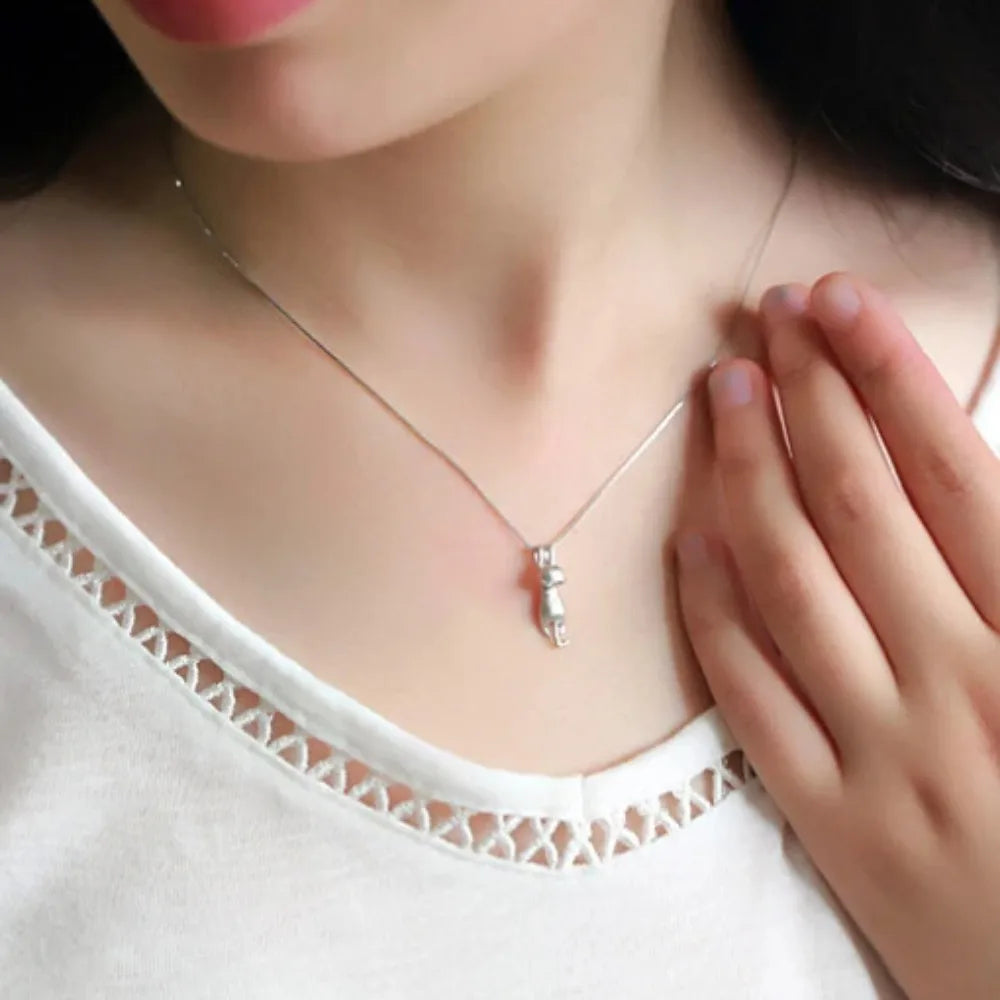 Cute Cartoon Cat Necklace – 925 Sterling Silver Animal Jewelry for Girls