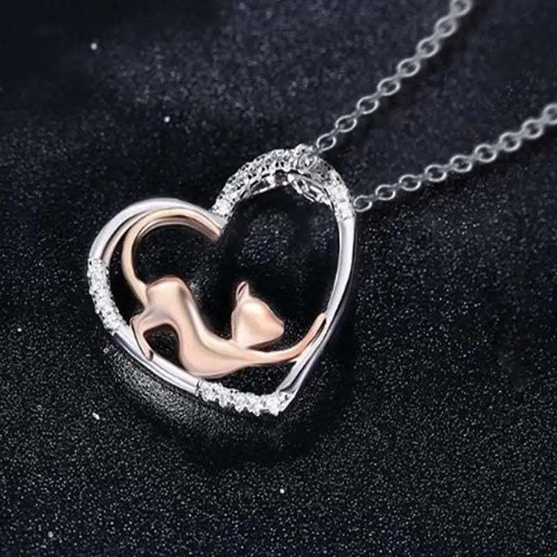 Elegant Heart Cat Pendant Necklace – Two-Tone Jewelry