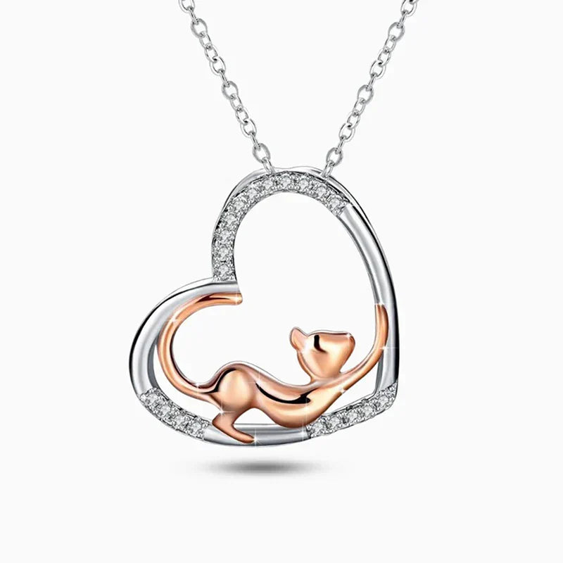 Elegant Heart Cat Pendant Necklace – Two-Tone Jewelry