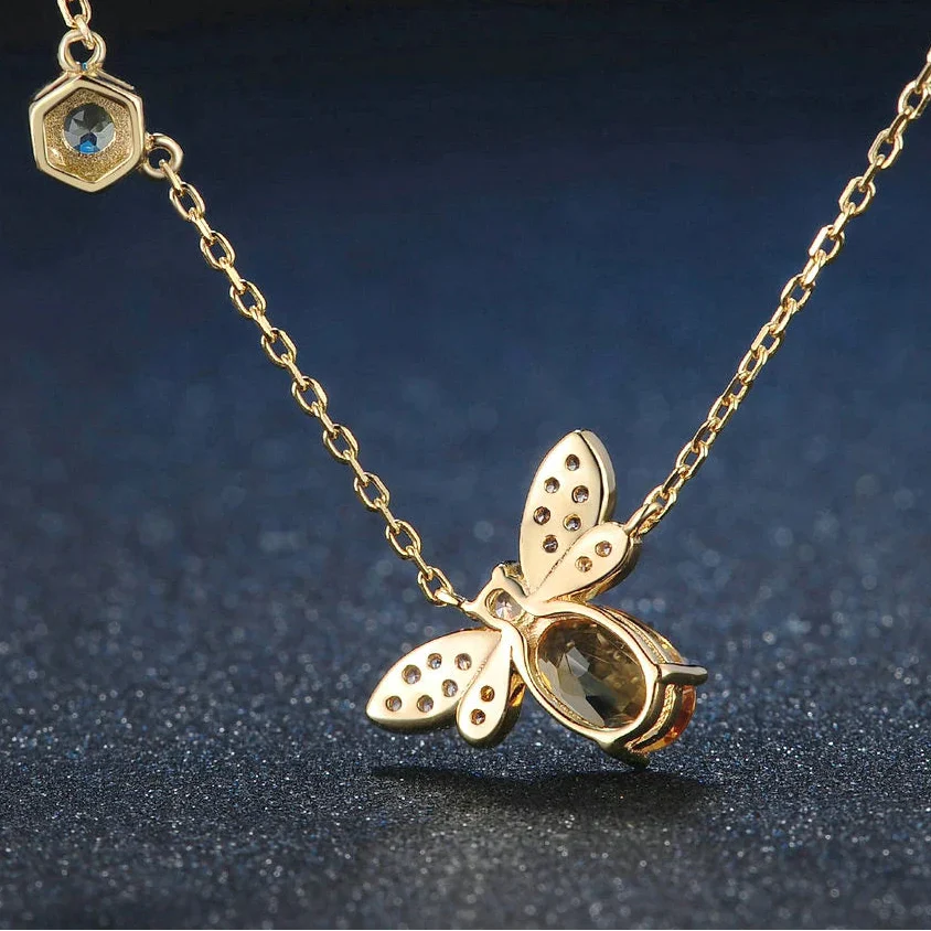 Bee Pendant Necklace with Natural Citrine – 925 Sterling Silver & 14K Gold Plated Chain Jewelry