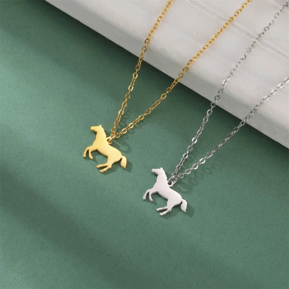Horse & Horseshoe Pendant Necklace – Stainless Steel Animal Jewelry for Women & Girls