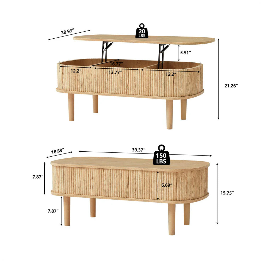 Modern Oval Fluted Wooden Lift Top Coffee Table with Hidden Compartment