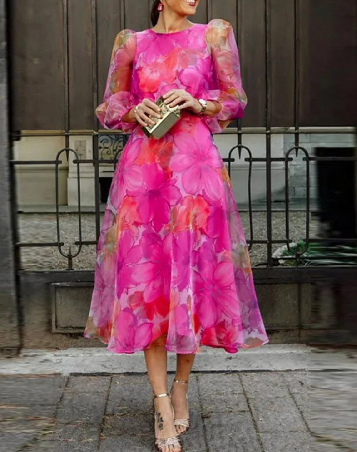 Wedding Guest Dress, Floral Print Midi Dress for Women, Pink & Blue