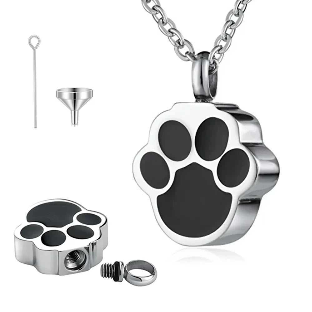 Pet Paw Print Cremation Necklace – Wearable Urn Memorial Pendant for Cat & Dog Ashes