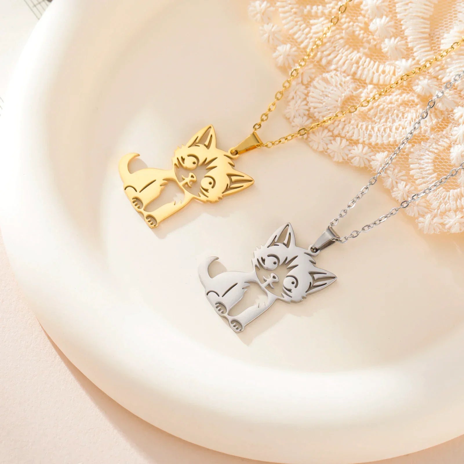 Cute Cat Kitten Pendant Necklace – Stainless Steel Animal Jewelry