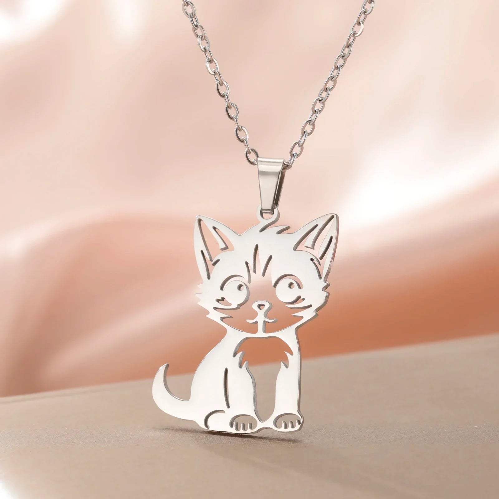 Cute Cat Kitten Pendant Necklace – Stainless Steel Animal Jewelry