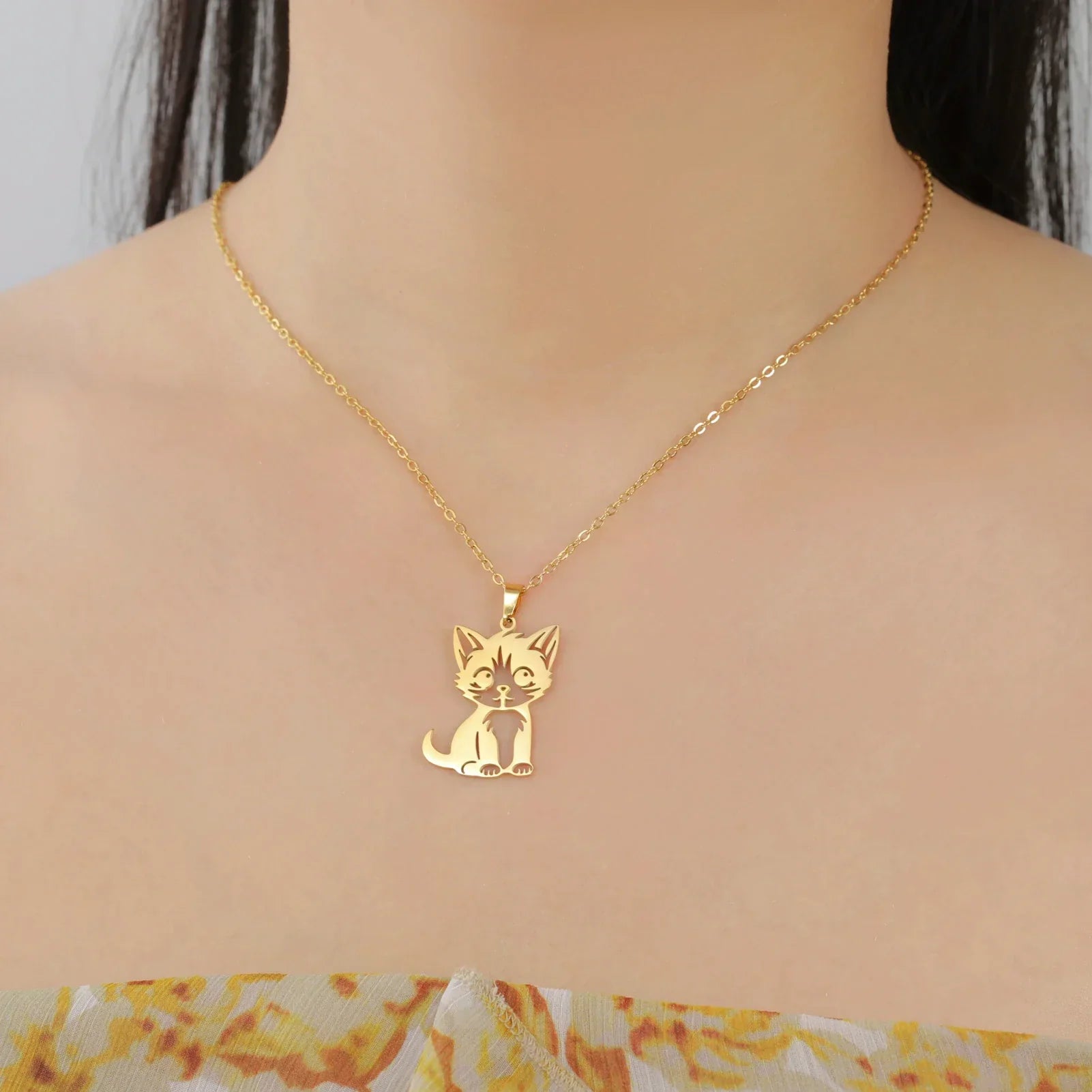 Cute Cat Kitten Pendant Necklace – Stainless Steel Animal Jewelry