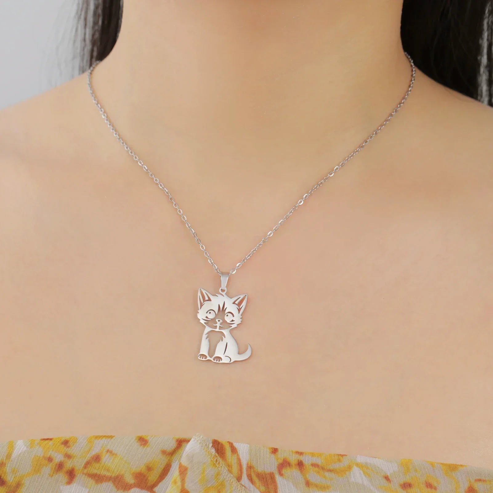 Cute Cat Kitten Pendant Necklace – Stainless Steel Animal Jewelry