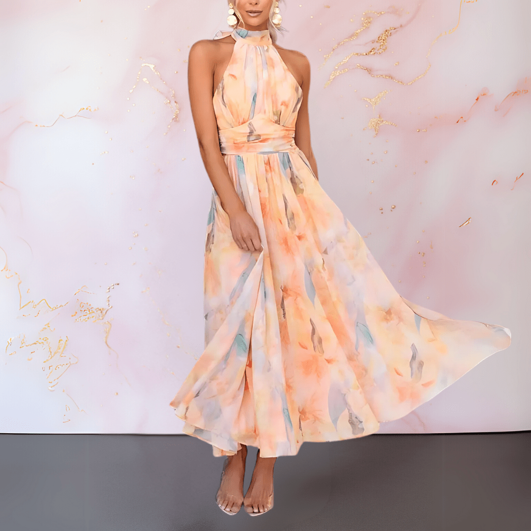Solène | Halterneck Watercolour Print Dress