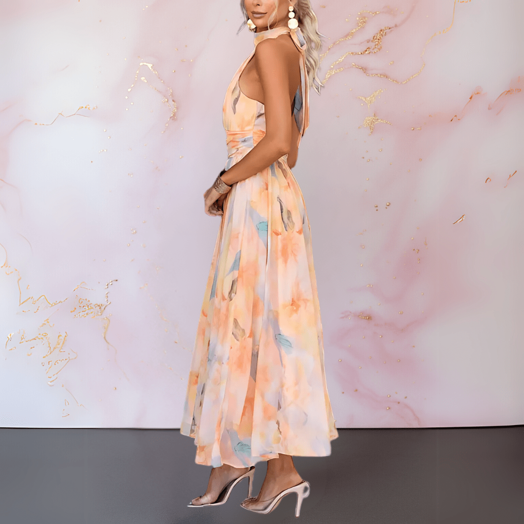 Solène | Halterneck Watercolour Print Dress