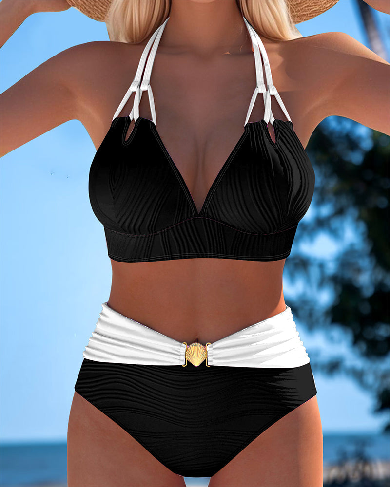 HIGH WAISTED DOUBLE STRAP SWIMSUIT WITH CONTRAST COLOR