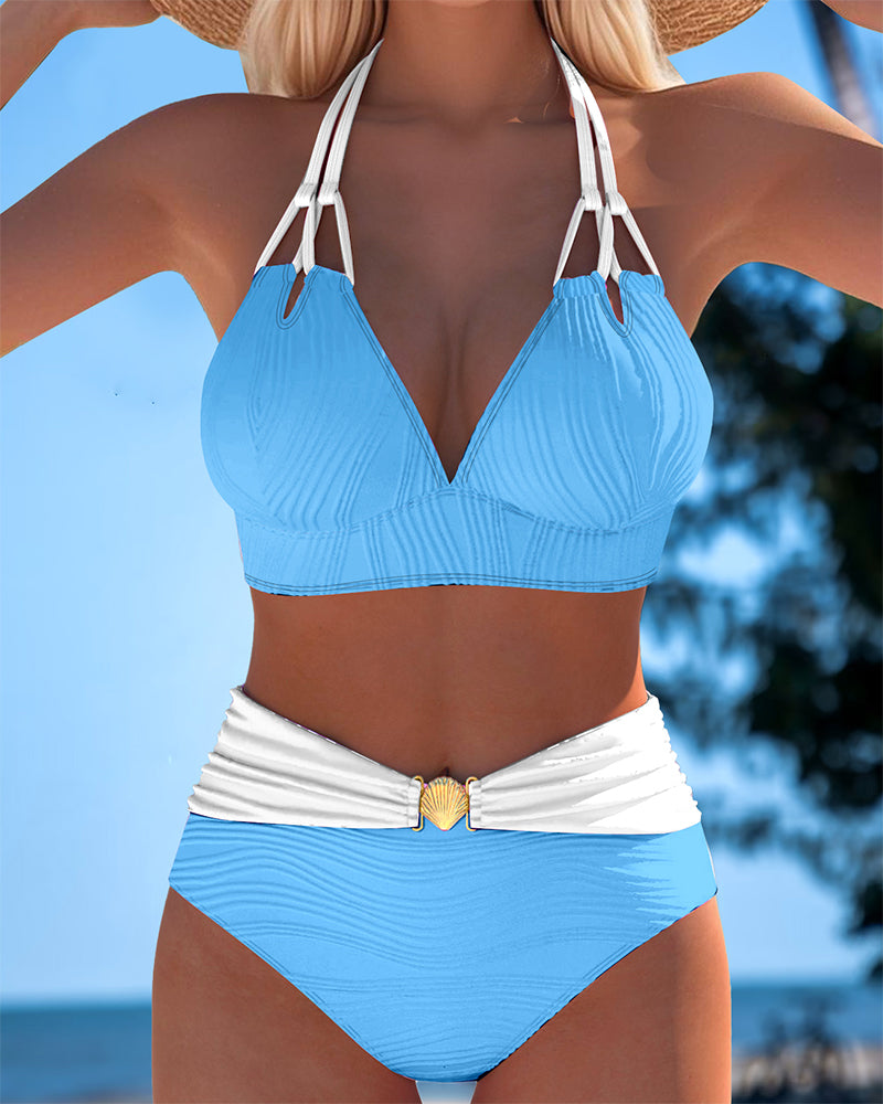 HIGH WAISTED DOUBLE STRAP SWIMSUIT WITH CONTRAST COLOR