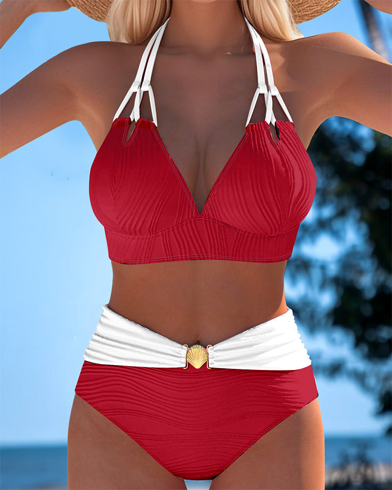 HIGH WAISTED DOUBLE STRAP SWIMSUIT WITH CONTRAST COLOR