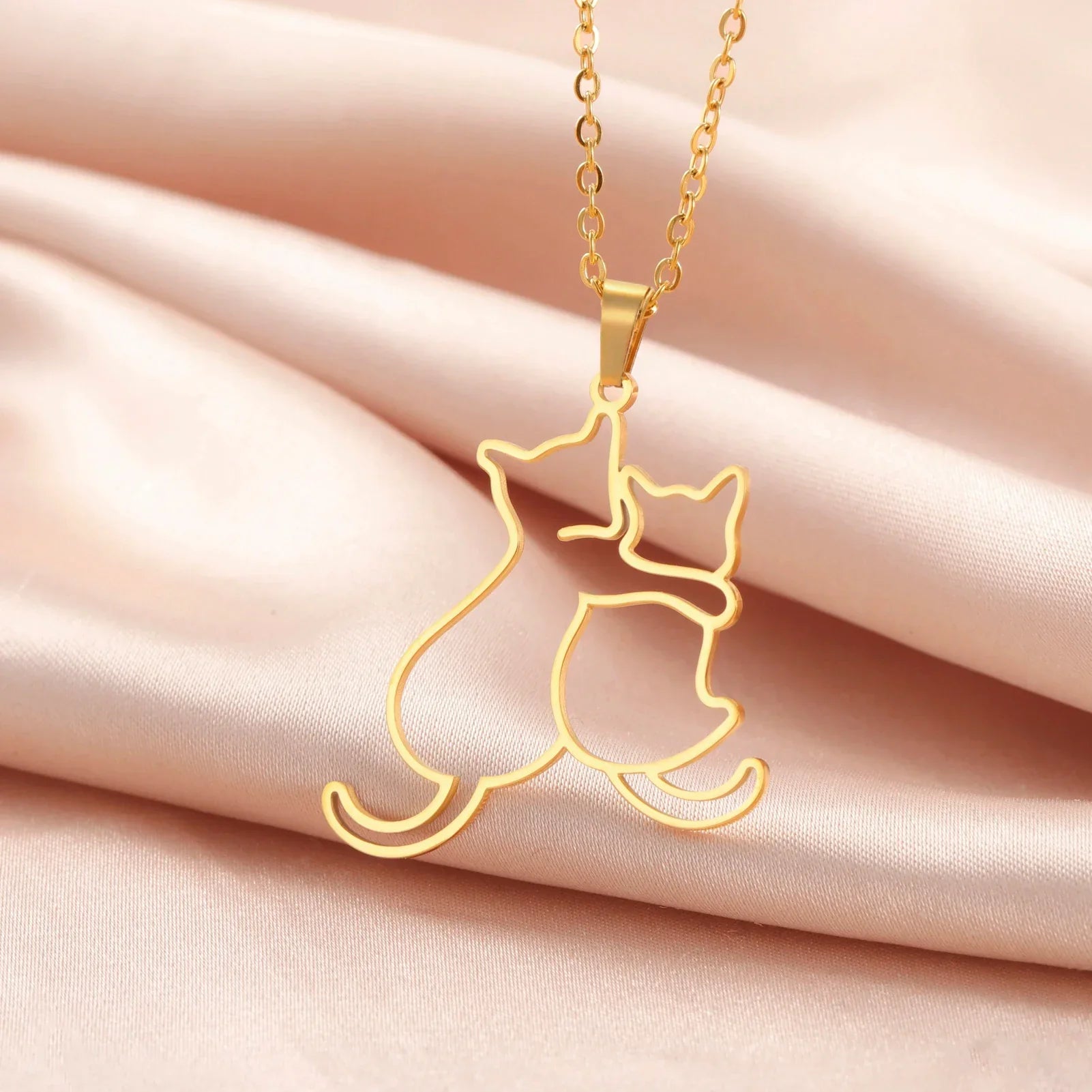 Cute Hugging Cats Kitten Pendant Necklace – Stainless Steel Animal Pet Jewelry for Women