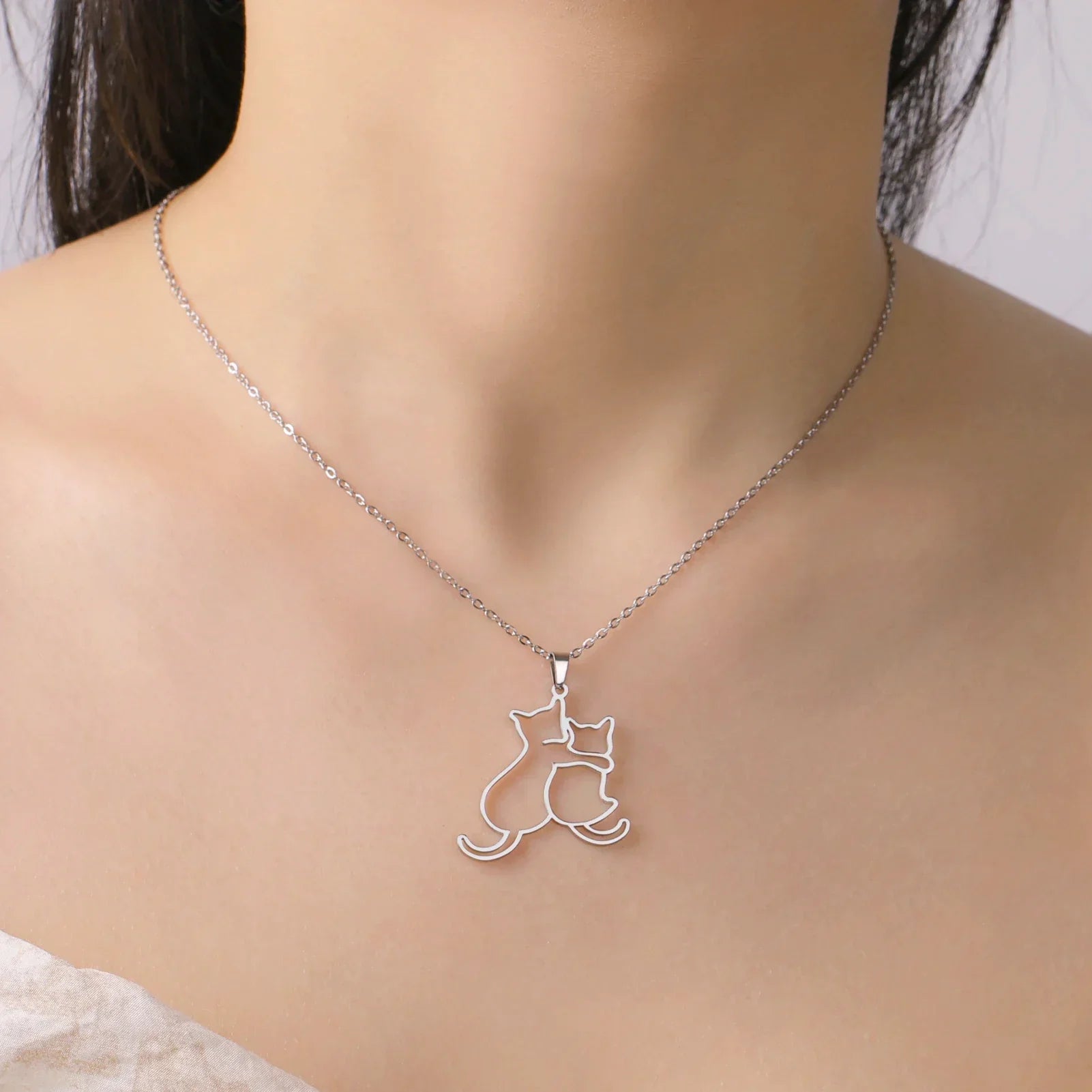 Cute Hugging Cats Kitten Pendant Necklace – Stainless Steel Animal Pet Jewelry for Women