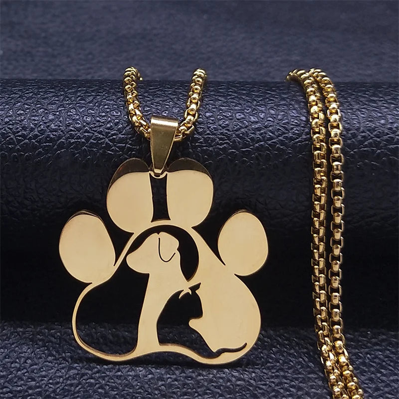 Dog & Cat Paw Pendant Necklace – Stainless Steel Animal Jewelry for Women & Men