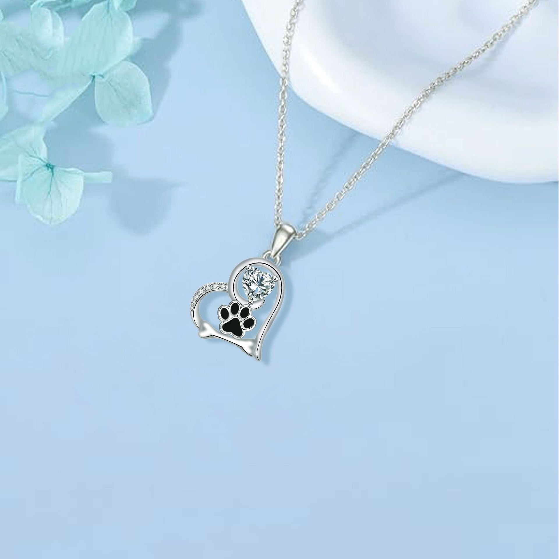 Handcrafted Dog Paw Print and Bone Necklace with Zirconia