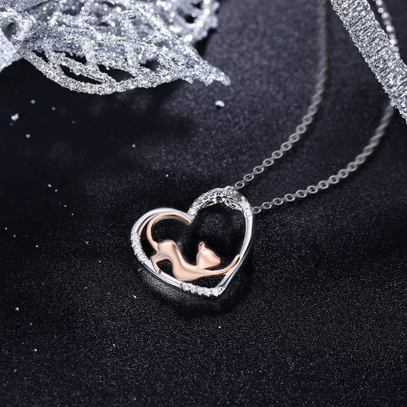 Elegant Heart Cat Pendant Necklace – Two-Tone Jewelry