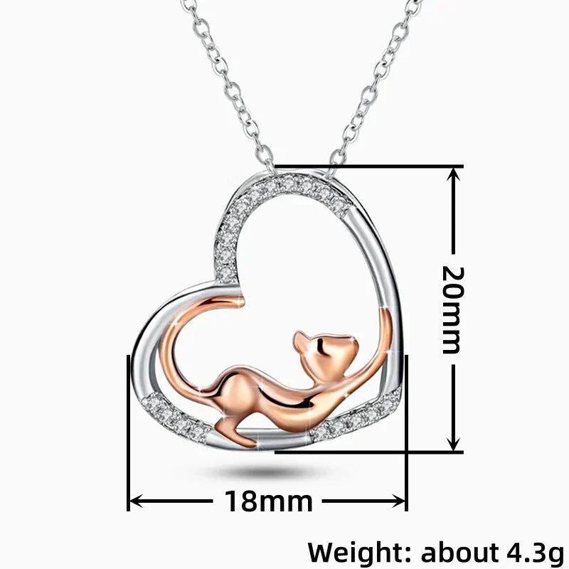Elegant Heart Cat Pendant Necklace – Two-Tone Jewelry
