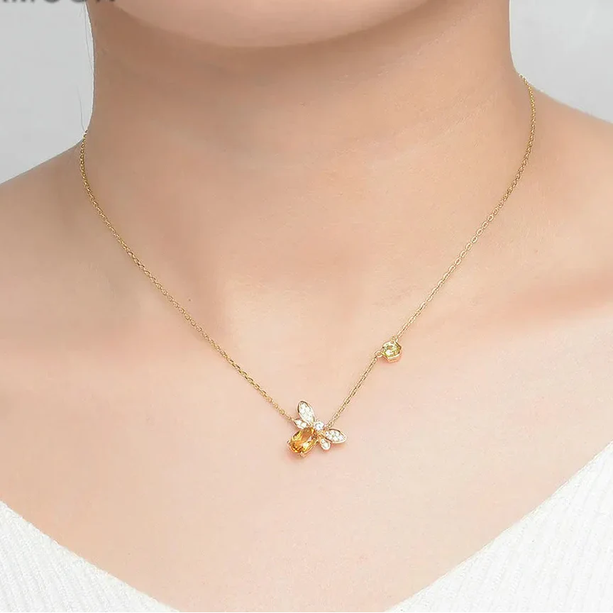 Bee Pendant Necklace with Natural Citrine – 925 Sterling Silver & 14K Gold Plated Chain Jewelry