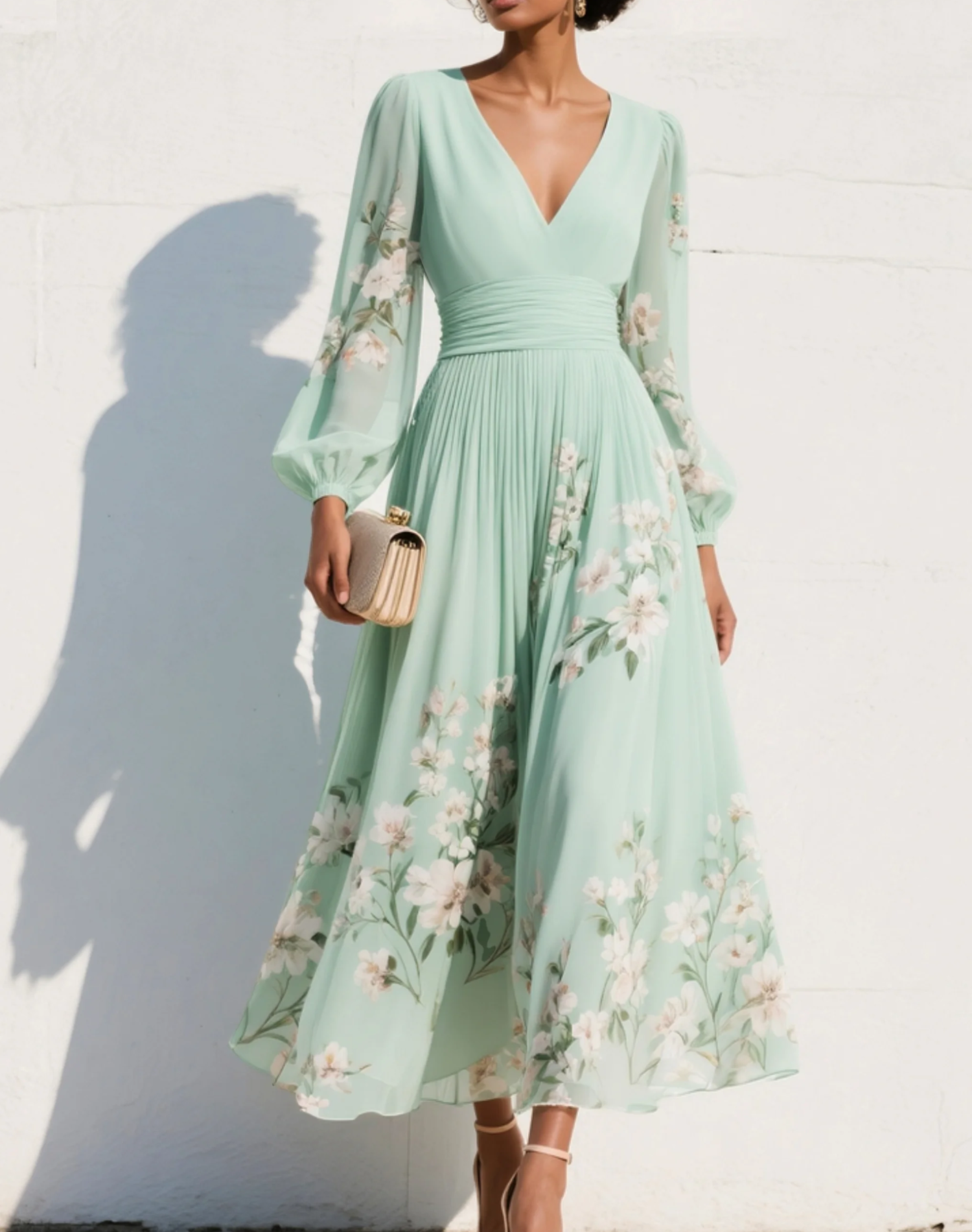 Light Green V-Neck Chiffon Pleated Floral Midi Dress