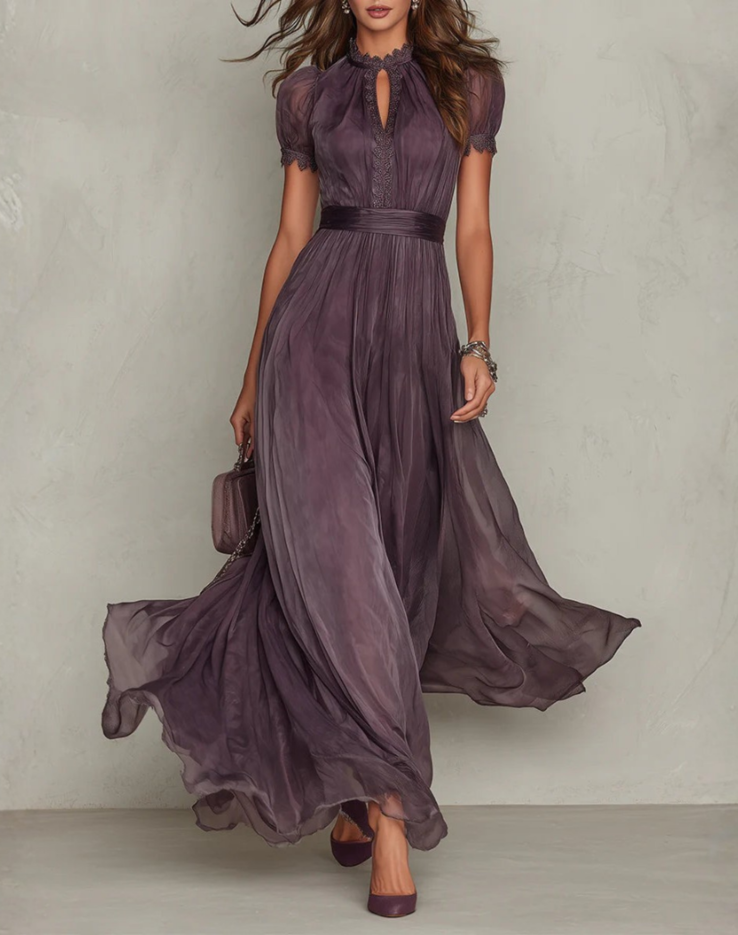 Vivienne | Lace Trim Chiffon Maxi Dress