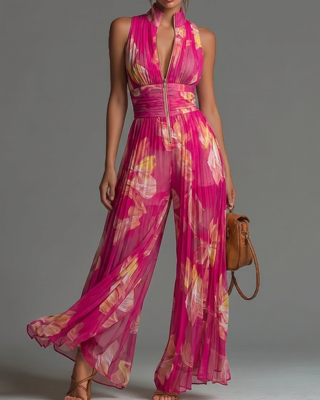 Serafina Jumpsuit | Fuchsia Floral Pleated Chiffon