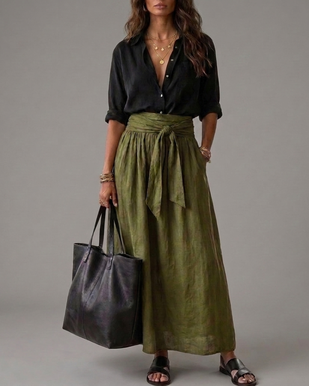 SAHARA | Two-Piece Set: Black Top and Olive Green Midi Skirt