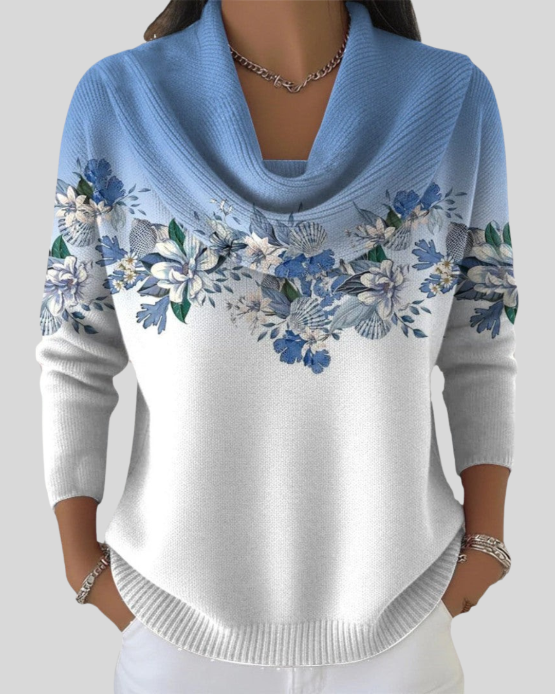 Alora | Floral Knit Sweater with Soft Draped Neckline