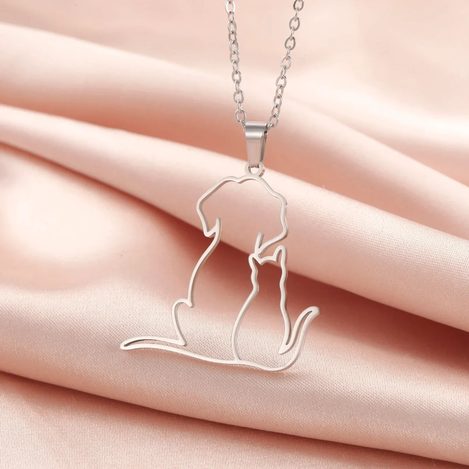 Cute Hugging Cats Kitten Pendant Necklace – Stainless Steel Animal Pet Jewelry for Women