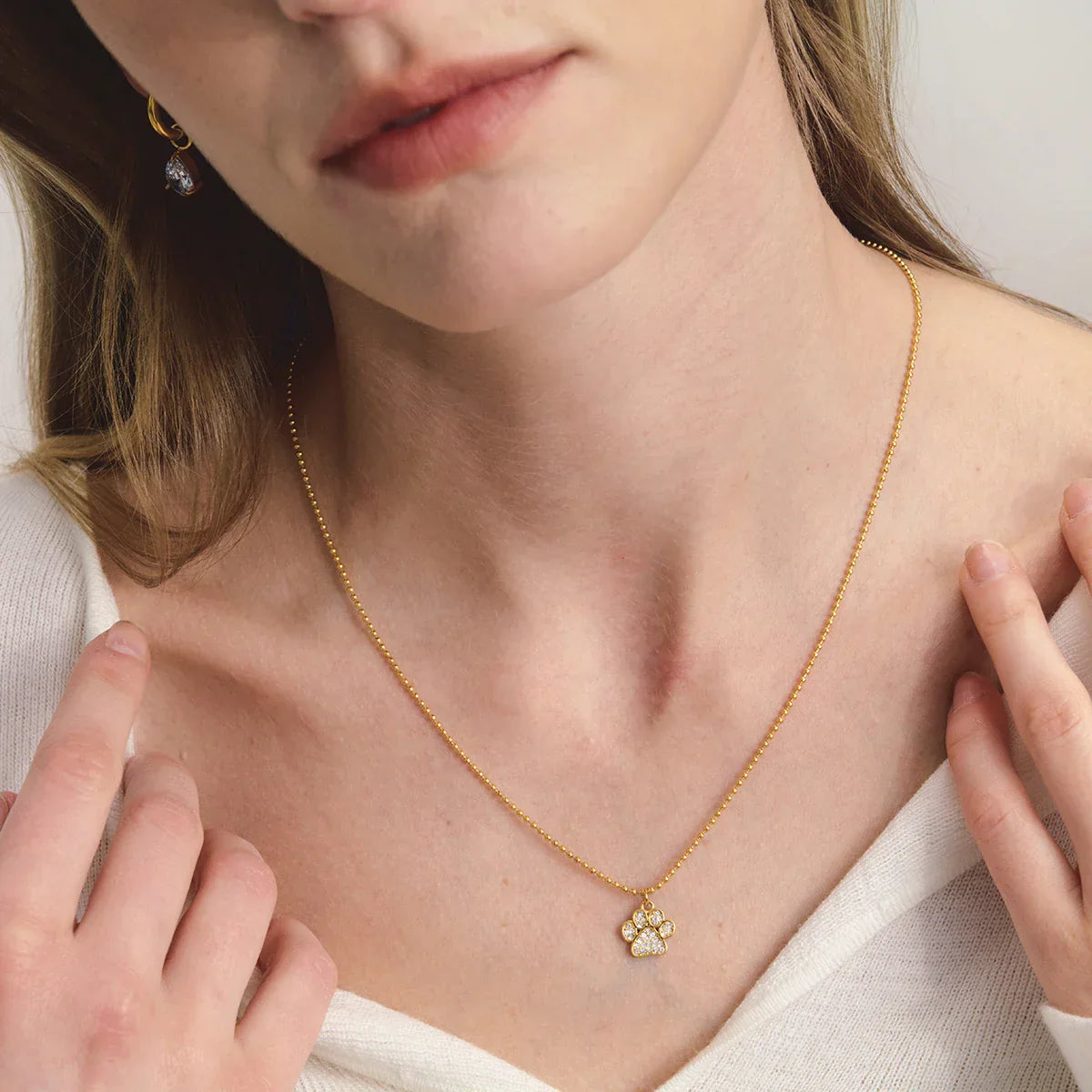 Cute Cat Claw Pendant Necklace – White Rhinestone, 18K PVD Gold Plated Stainless Steel